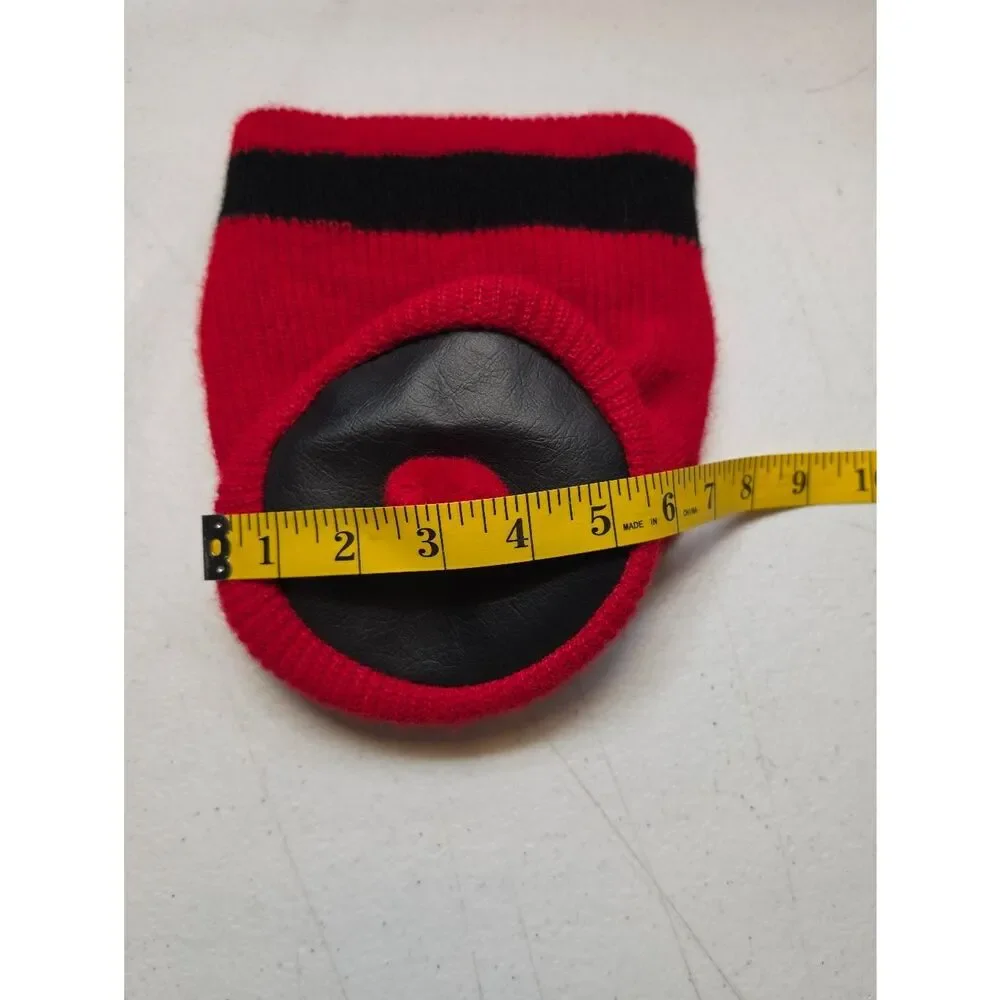 Vintage Red Knit Pom Pom Hat with Black Stripe 60s 70s Infant or Toddler